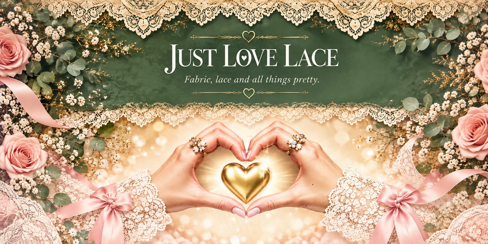 Just Love Lace website homepage banner: Just Love Lace — Fabric, lace and all things pretty